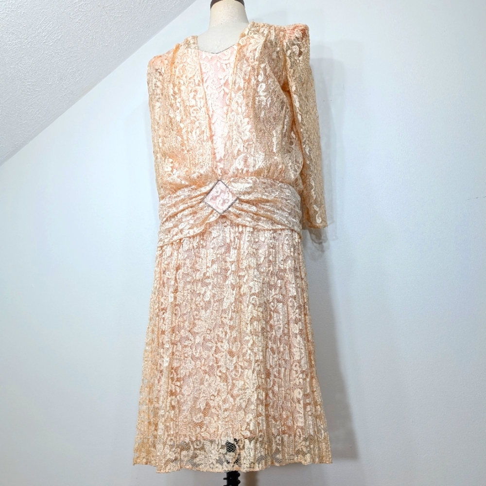 Vintage lace, drop waist, 80s does 20s beaded party dress. Patra. Medium